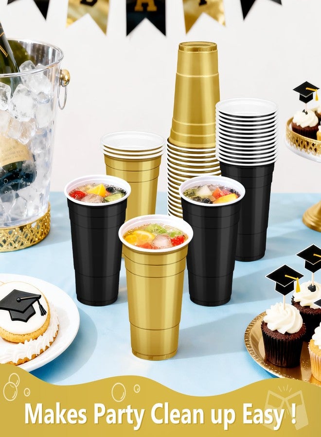 LANLISA 100Pcs Black and Gold Plastic Cups, 16 oz Disposable Cups For Birthday Party, Graduation Decorations, New Years Eve - Image 3